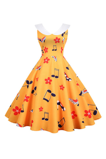 Vestido Vintage Amarillo Sin Mangas Estampado